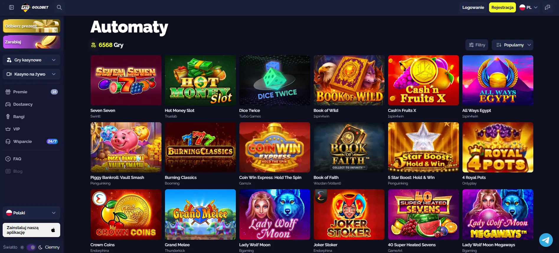 Sześć półek z grami w Goldbet Casino